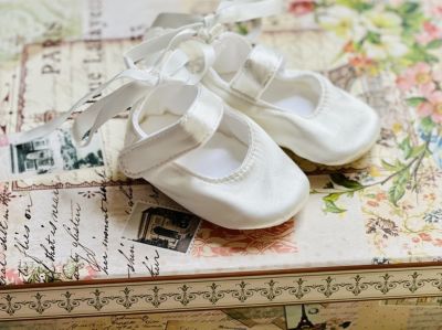Baby Girl Ivory Christening Shoes Baptism Cross Satin Flower Headband Set 