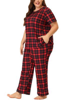 Agnes Orinda Plus Size Pajamas Sets for Women Short Sleeve Round Neck Lightweight Loungewear Sleepwear Plaid Loungewear 1X Red