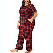 Agnes Orinda Plus Size Pajamas Sets for Women Short Sleeve Round Neck Lightweight Loungewear Sleepwear Plaid Nightgowns 1X Red