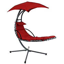 Patio Hanging Chaise Swing Lounge Chair Cushion Red Outdoor Canopy Arc Stand