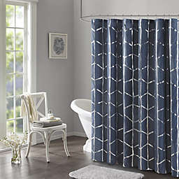 Intelligent Design. Printed Metallic Shower Curtain Navy/Silver 826.