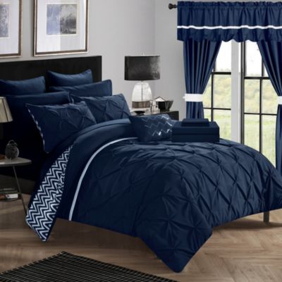 Chic Home Watson Chevron Ruffled Pinch Pleated Bedding Set 20 Pieces Comforter Sheets Window Treatments Pillows & Shams - Queen 90" x 92, Navy