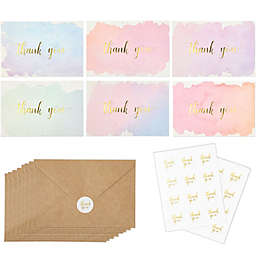 Paper Junkie Watercolor Thank You Cards with Envelopes, Gold Foil, Stickers (4x6 In, 48 Pack)
