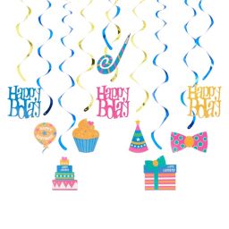 Blue Panda 30 Pack Hanging Happy Birthday Swirl Decorations, Party Streamers for Ceiling (35-38 In)