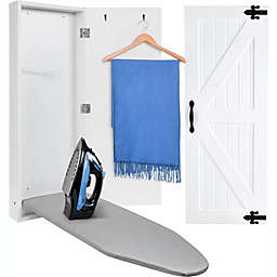 Ivation Wall-Mounted Ironing Board Cabinet with Farmhouse Door, Foldable Ironing Storage Station, Easy-Release Lever, with Mirror Door, White