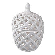 Saltoro Sherpi Decorative Ceramic Lidded Jar with Cut Out Texture, Large, White-