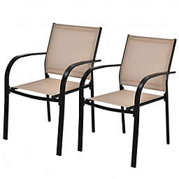 Costway Set of 2 Patio Stackable Dining Chairs with Armrests Garden Deck-Brown