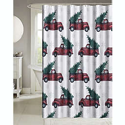Kate Aurora Holiday Sparkle Christmas Delivery Trucks & Evergreens Fabric Shower Curtain