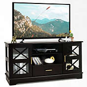 Costway Glass Door TV Stand with Drawer Storage Shelves-Brown
