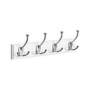 SONGMICS Wall-Mounted Coat Rack, Hook Rack with 4 Tri-Hooks, Solid Wood Large Rail with 4 Metal Hangers, for Clothes, Keys, Hats, Coats, in The Entryway, Bathroom, Heavy Duty, White