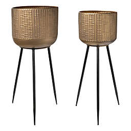 Urban Trends Collection Metal Round Planter with Corrugated Design Body and Tapered Bottom on Tripod Stand Set of Two Tarnished Finish Gold