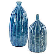 Contemporary Home Living Set of 2 Carved Cobalt Blue Contemporary Vases 15"