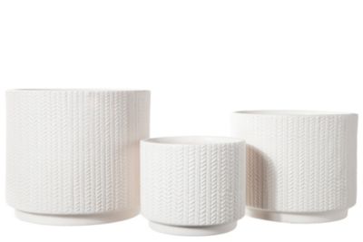 Urban Trends Collection Ceramic Round Pot with Embossed Vertical Rope Pattern Design Body Set of Three Matte Finish White
