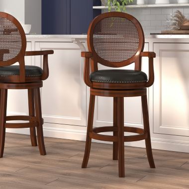 Flash Furniture Victor 30'' High Expresso Wood Barstool with Arms, Woven Rattan Back and Black LeatherSoft Swivel Seat. View a larger version of this product image.