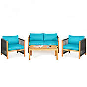 Costway-CA 4 Pcs Acacia Wood Outdoor Patio Furniture Set with Cushions-Turquoise