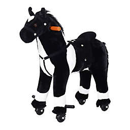 Qaba Kids Plush Ride On Toy Walking Horse with Wheels and Realistic Sounds, 30"H, Black