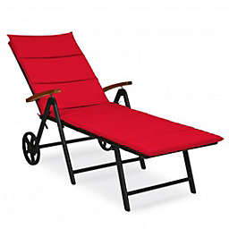 Costway-CA Folding Patio Rattan Lounge Chair with Wheels-Red