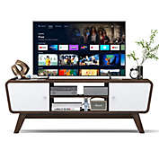 Slickblue Mid Century TV Stand for TVs up to 55 Inch Media Console Table Sliding Door-Walnut