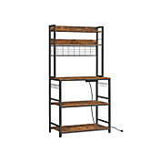 VASAGLE Bakers Rack with Power Outlet, Microwave Stand, Coffee Bar with Metal Wire Panel, Kitchen Storage Shelf with 14 Hooks, 15.7 x 31.5 x 66.9 Inches, Rustic Brown and Black