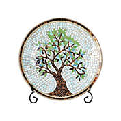 WHOLE HOUSEWARES 15" Round Mosaic Glass Decorative Charger Plate with Stand Tree Pattern