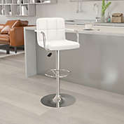 Emma + Oliver White Quilted Vinyl Adjustable Height Barstool with Arms
