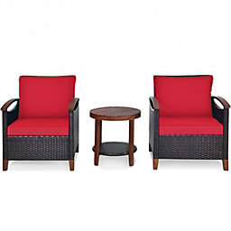 Costway 3 Pcs Solid Wood Frame Patio Rattan Furniture Set-Red