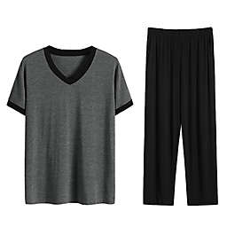Lars Amadeus Men's Cotton Short Sleeves V Neck Top Bottoms Pajamas Sets 2XL Black