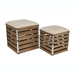 Cheungs Contemporary Square Wood Slat Storage Bench with Metal Accents and Cushioned Lid, Set of 2