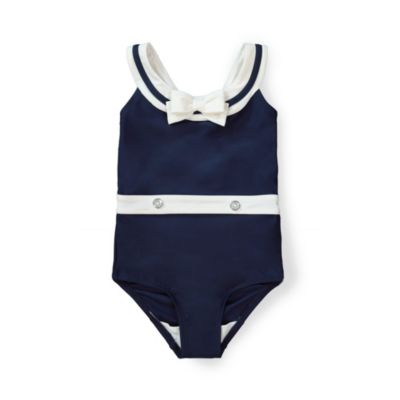 Hope & Henry Girls&#39; One-Piece Sailor Swimsuit, Navy with White, 6-12 Months