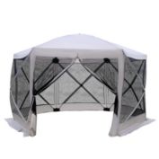Outsunny 6-Sided Hexagon Pop Up Party Tent Gazebo with Mesh Netting Walls & Shaded Interior, 12&#39; x 12&#39;, Beige