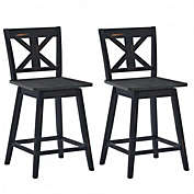 Costway-CA Set of 2 Swivel Counter Height Bar Stools with Solid Wood Legs-Black