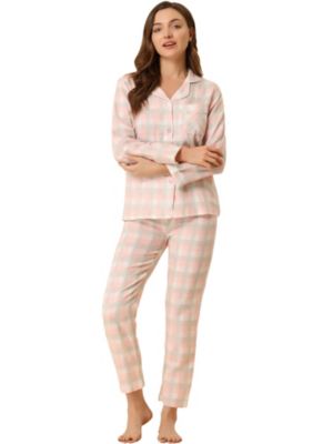 Allegra K Women&#39;s Plaid Pajama Sets Sleepwear Button-Down Lounge Sets Pink XS