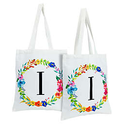 Okuna Outpost Set of 2 Reusable Monogram Letter I Personalized Canvas Tote Bags for Women, Floral Design (29 Inches)