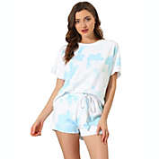 cheibear Womens Sleepwear Tie Dye Pjs Short Sleeves and Shorts Loungewear Elastic Waist Drawstring Nightwear Pajama Set Medium Blue