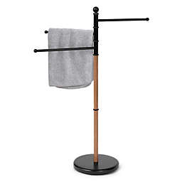 Juvale Towel Rack Towel Stand 3 Swivel Arm, Freestanding with Weighted Base, Black & Oak Grain Metal
