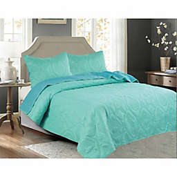 Legacy Decor 3 PCS Shell & Seahorse Stitched Pinsonic Reversible Lightweight All Season Bedspread Quilt Coverlet Oversize, Turquoise Color, Queen Size