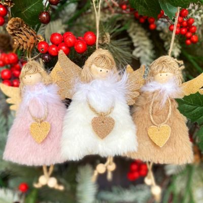 Pack of 2 Grey & White Wooden Angel Christmas Hanging Pendant Decorations 