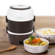 Infinity Merch Electric Lunch Box Steamer Pot Rice Cooker 23 x 18cm 110V 200W 2L 3 Layers Brown