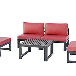 LeisureMod Chelsea 5-Piece Middle Patio Chairs and Coffee Table Set Black Aluminum With Cushions - Red