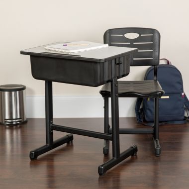 Flash Furniture Nila Adjustable Height Student Desk and Chair with Black Pedestal Frame - Set of 3. View a larger version of this product image.