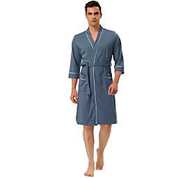 Lars Amadeus Men's Knit Robe Sleepwear Spa Long Bathrobe With Belt, Blue, M