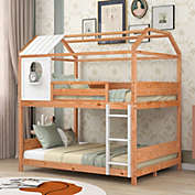 New Space Full over Full Size House Bunk Bed with Window and Little Shelf,Full-Length Guardrail,Natural