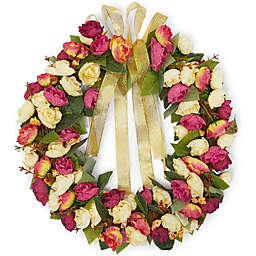 Okuna Outpost Rose Wreath with Ribbon for Front Door, Valentine Decor (13.3 in, Red, Yellow)