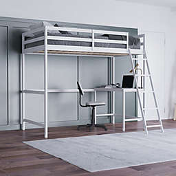 Emma and Oliver Ridley Twin Wood Loft Bed Frame with Protective Guardrails and Integrated Desk and Ladder in White for Use with Any 6-8
