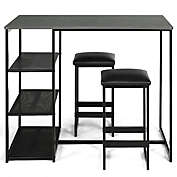 Gymax 3 Piece Pub Set w/ Faux Marble Top Bar Table and 2 Stools Dining Set Industrial
