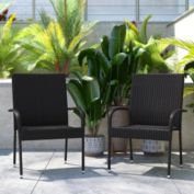 Flash Furniture Maxim Set of 2 Stackable Indoor/Outdoor Wicker Dining Chairs with Arms - Fade & Weather-Resistant Steel Frames - Black