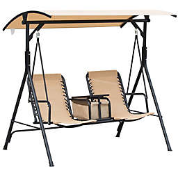 Outsunny 2 Person Covered Porch Swing with Pivot Storage Table, Cup Holder, & Adjustable Overhead Canopy, Beige