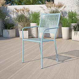 Emma + Oliver Commercial Grade Sky Blue Indoor-Outdoor Steel Patio Arm Chair with Square Back