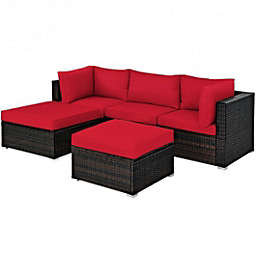 Costway-CA 5 Pcs Patio Rattan Sofa Set with Cushion and Ottoman-Red