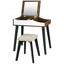 Costway Vanity Table Set with Flip Top Mirror and Padded Stool-Wood